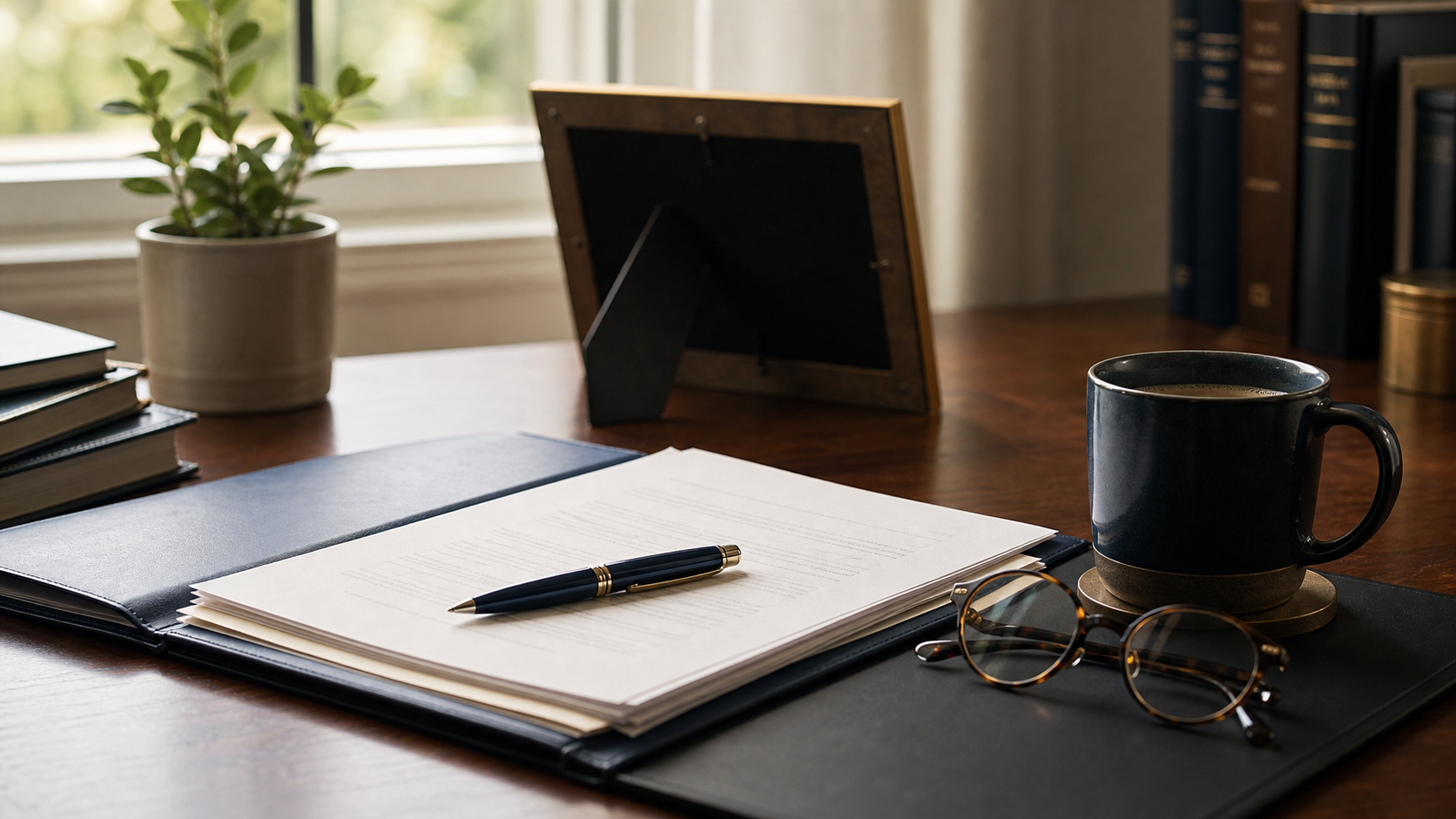 Estate planning documents organized on a desk