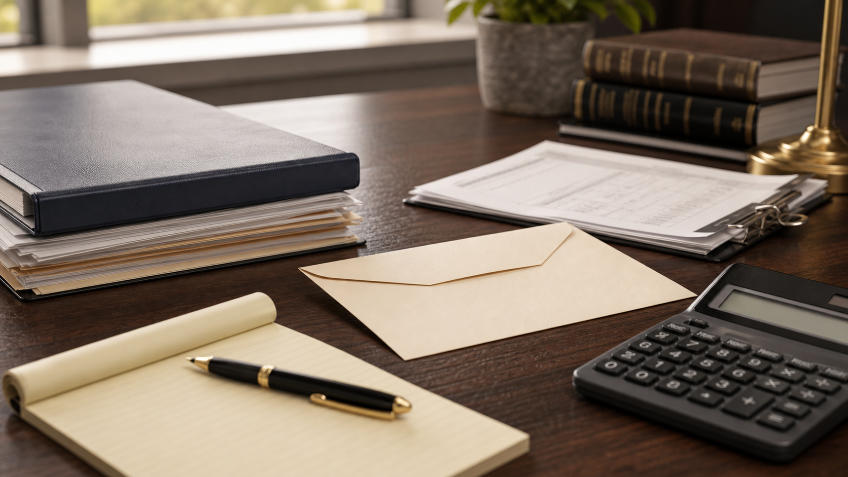 Tax law documents and calculator on a desk